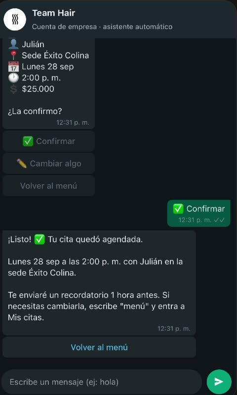 Pantalla de confirmación del chatbot